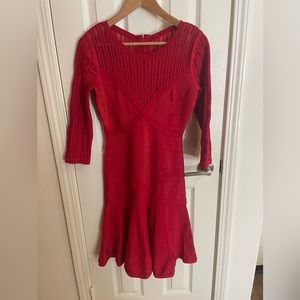 Herve Leger Red Long Sleeve Cocktail Bandage Dress